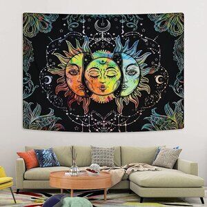 Psychedelic Burning Sun Moon Stars Tapestry Mandala Living Room Bedroom Dorm NWT